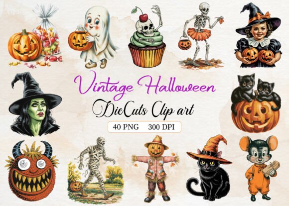 Download Vintage Halloween DieCuts Clipart Bundle - Vintage halloween Collection